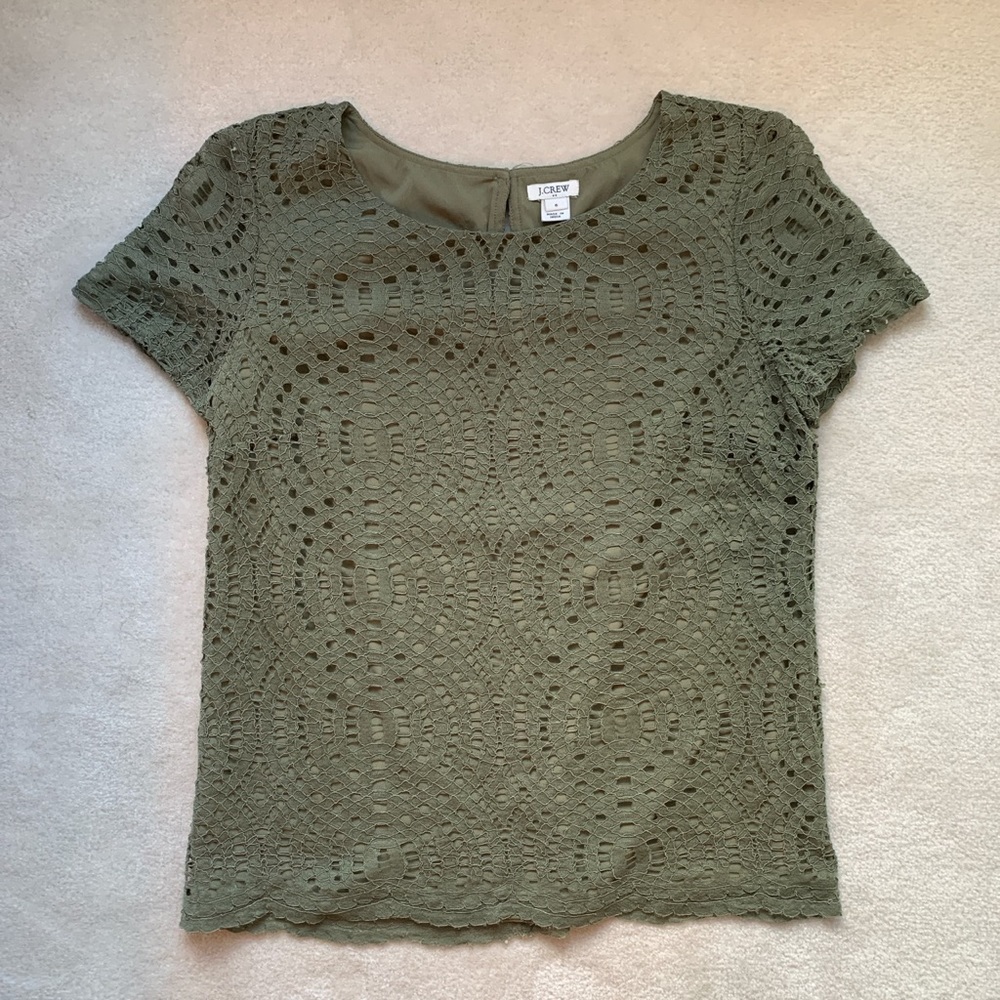 J. Crew Factory Green Laced Short Sleeve Top
